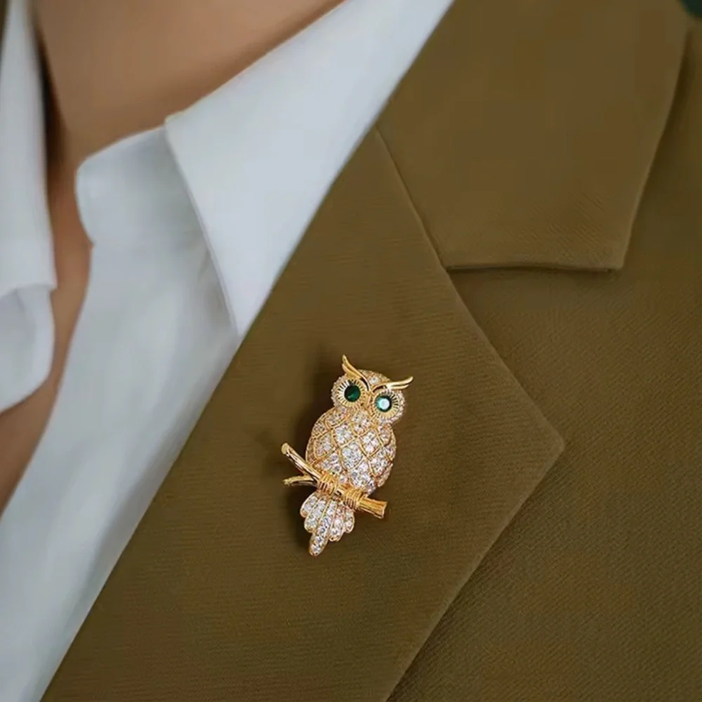Golden Owl Crystal Emerald Eyes Brooch